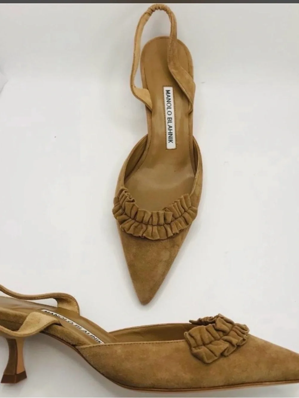 Manolo Blahnik Camel Suede Pointed Slingback Pumps with Ruching